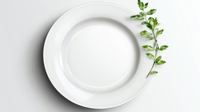 Empty white plate with greenery - Powered by Adobe