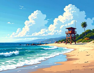 Sunny beach scene with lifeguard tower