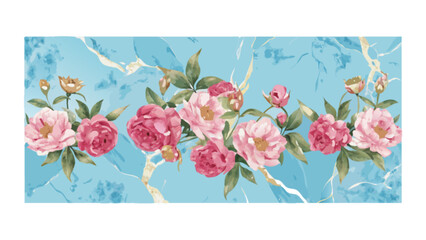 Watercolor floral arrangement with pink roses and green leaves on a blue marble background art