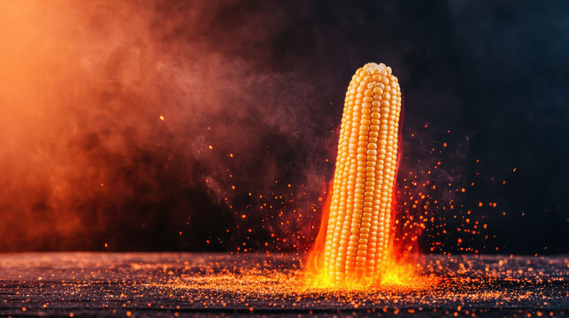 Glowing corn cob surrounded by fiery sparks and smoke on dark background creating dramatic and intense atmosphere
