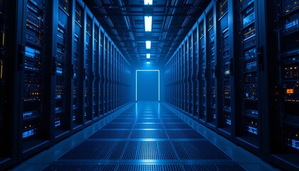Futuristic data center corridor illuminated by blue lights with server racks on both sides