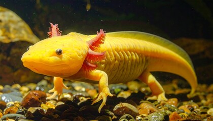 A vibrantly colored aquatic amphibian, showcasing a striking yellow hue with accents of crimson, gracefully positioned amidst a bed of colorful pebbles in a captivating underwater setting.