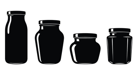 Collection of four silhouette glass jars and bottles with lids food storage containers vector