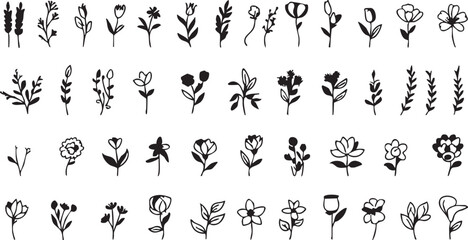Doodle flower vector set: hand drawn floral elements for design eps silhouette