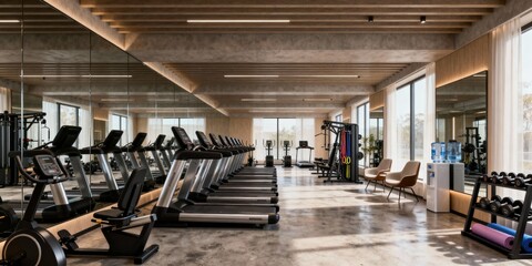 Contemporary fitness center with treadmills, free weights, and workout machines in a bright room with large mirrors and natural light.