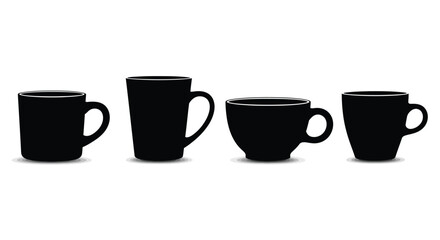 Four silhouette black ceramic mugs arranged in a row for coffee or tea vector