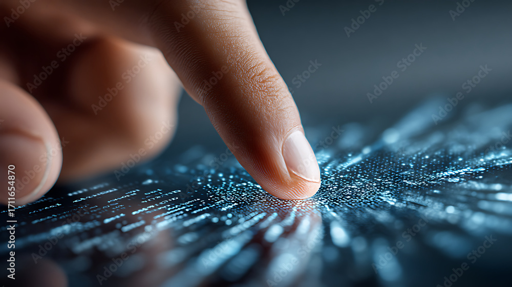 Poster interactive touch on digital display with glowing data particles at nighttime