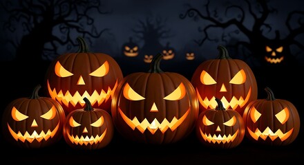 A spooky halloween night scene featuring a group of glowing jackolanterns with menacing faces, set against a dark, misty backdrop with silhouetted trees and more pumpkins