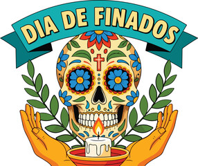 Dia de finados illustration with sugar skull, candle, and hands isolated on white background