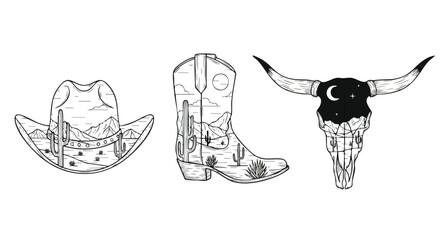 Western desert icons of hat, boot, and skull with landscape scenes, perfect for design projects