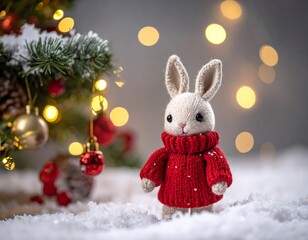 Knitted rabbit in a red sweater, Christmas scene