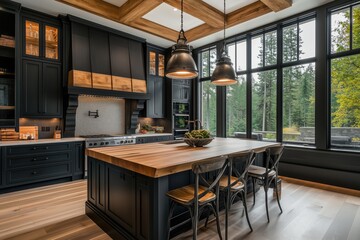 Modern kitchen interior with wooden island black cabinets and large windows