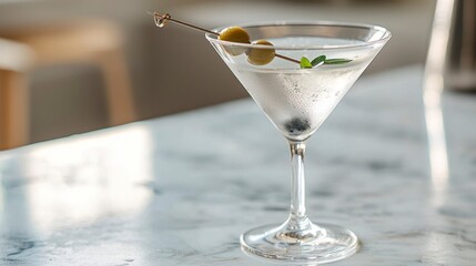 Savory cocktails in a martini glass on a marble countertop  