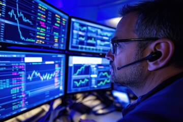 Stock trader analyzing financial data on multiple monitors in modern office