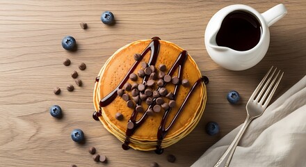 Stack of pancakes with syrup, chocolate chips and blueberries closeup