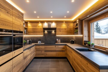 Contemporary modern wooden kitchen interior with black countertop and bright lighting