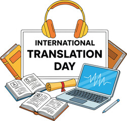 International translation day concept isolated on white background books and laptop
