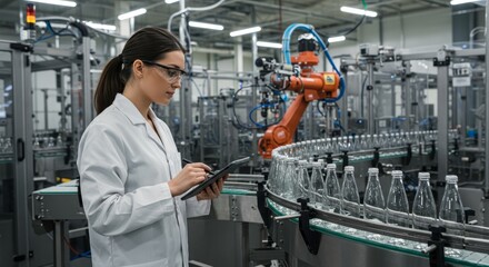 Female worker oversees bottling production line with tablet for quality assurance