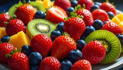 Obraz premium Vibrant Fruit Salad: Strawberries, Blueberries, Kiwi, and Mango