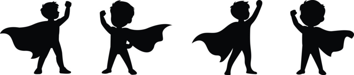 Flexing Silhouette Superhero Kids Power Poses Icons Set