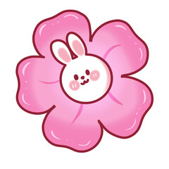 Kawaii bunny in pink flower cartoon mascot — cute chibi spring character PNG illustration