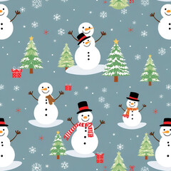 Festive winter pattern with snowmen and Christmas trees