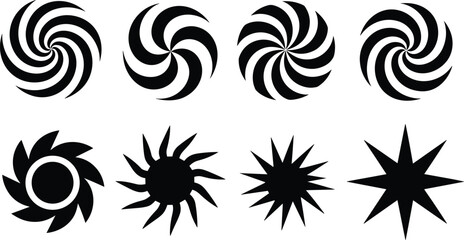 Abstract swirl and star shapes, black silhouette icons, circular spiral patterns, sunburst design elements, decorative symbols, modern graphic shapes, dynamic rotation, bold visuals