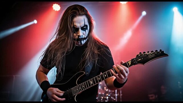 Black Metal Guitarist Performing Live on Stage with Corpse Paint