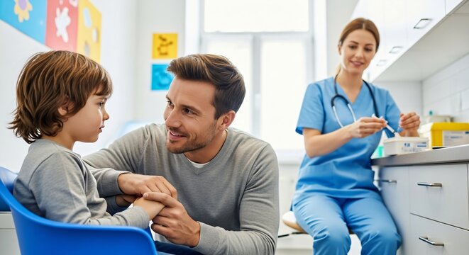 Man comforting young boy at doctor office, nurse preparing vaccine. Pediatric examination, child healthcare, medical consultation concept.