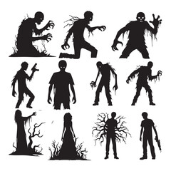 Scary walking zombie silhouette vector set for Halloween horror decoration and creepy monster background design