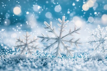 Beautiful snowflakes in winter season with frosty cold sparkling background