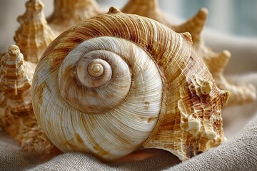 Obraz premium Close-up of spiral seashell on textured fabric with starfish in background