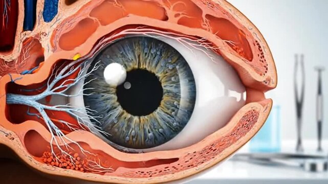 Scientific 3D rendering of the human eyes internal anatomy showcasing detailed cross section of biological structures muscles and nerves for medical education