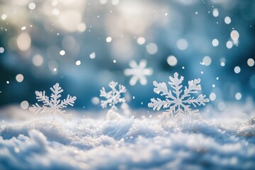 Snowflakes on snowy ground with bokeh light winter holiday background scene