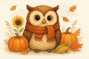 cute thanksgiving owl with scarf. no text. no yellow, good white balance and not too dark.