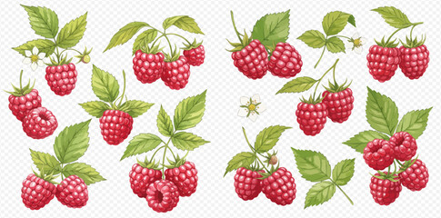 A beautiful collection of hand-drawn ripe red raspberries on branches with vibrant green leaves and delicate white flowers.