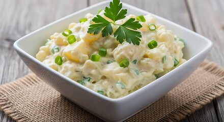 Creamy Pasta Salad in White Bowl.