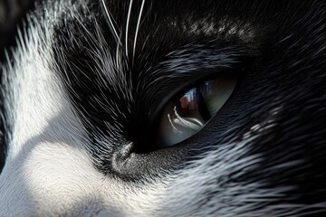 Close up macro of cat eye with black white fur details