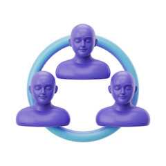 Vibrant 3D rendering of three stylized purple human figures in a circle