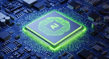 Fototapeta premium Close-up of AI chip on circuit board with green glow