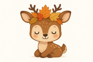 Fototapeta premium cute thanksgiving deer in leaf crown. cute style. no text. no yellow, good white balance and not too dark.
