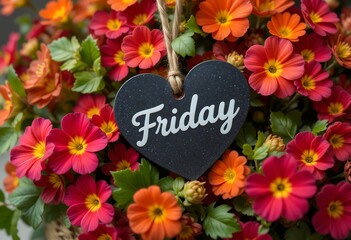 Close up vibrant colorful pink and orange flowers with a heart shaped friday sign hanging in the