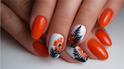 Artistic fox silhouette nails in orange and black, sleek and stylish, clean white backdrop