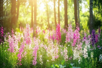 Wildflower meadow with pink and white blossoms in sunny forest clearing