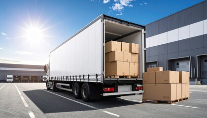 Multiple cardboard boxes neatly packed and loaded onto a large white truck parked outside a modern warehouse under bright daylight sky