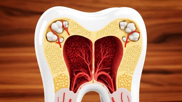Detailed 3D Render of Human Molar Tooth Anatomy Showing Pulp Nerves and Developing Wisdom Tooth Within Jaw Bone Structure for Dental Education and Medical Visua