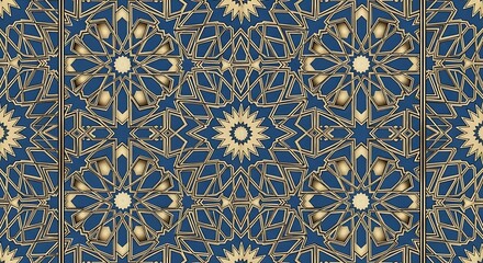 An intricate geometric pattern featuring a seamless repeat of ornate, starshaped designs in gold and blue, creating a luxurious and decorative background texture