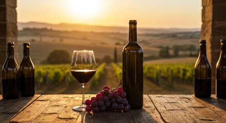 Tuscan vineyard vista with vintage wine bottles, glass, and sunset glow