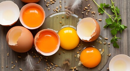 Broken Eggs on Wooden Surface with Seeds.
