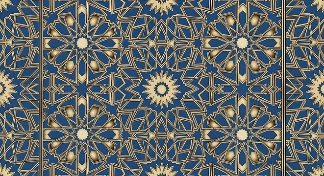 An intricate geometric pattern featuring a seamless repeat of ornate, starshaped designs in gold and blue, creating a luxurious and decorative background texture